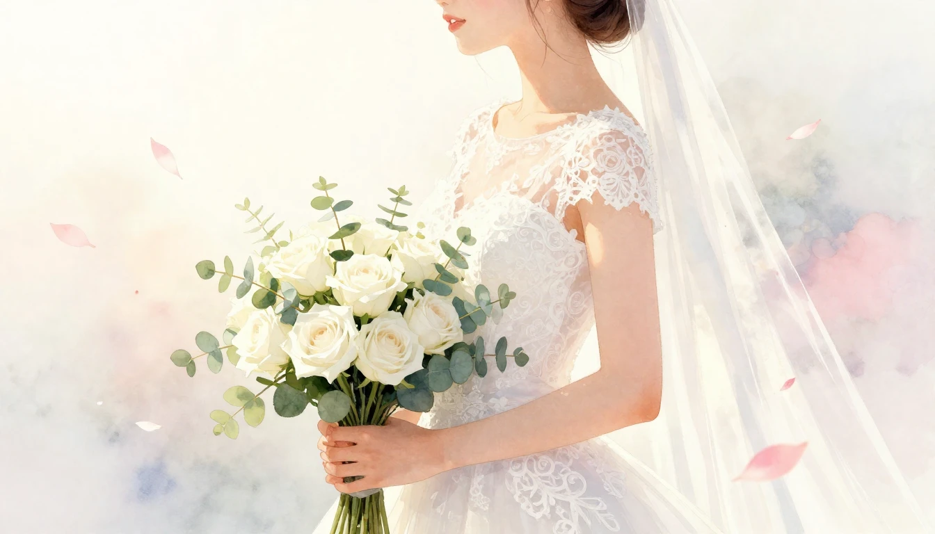 A soft and dreamy watercolor illustration of a bride holding...