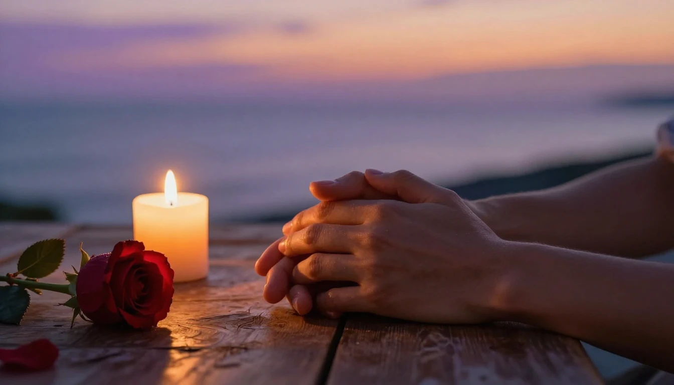 A romantic, intimate close-up scene of two hands gently hold...