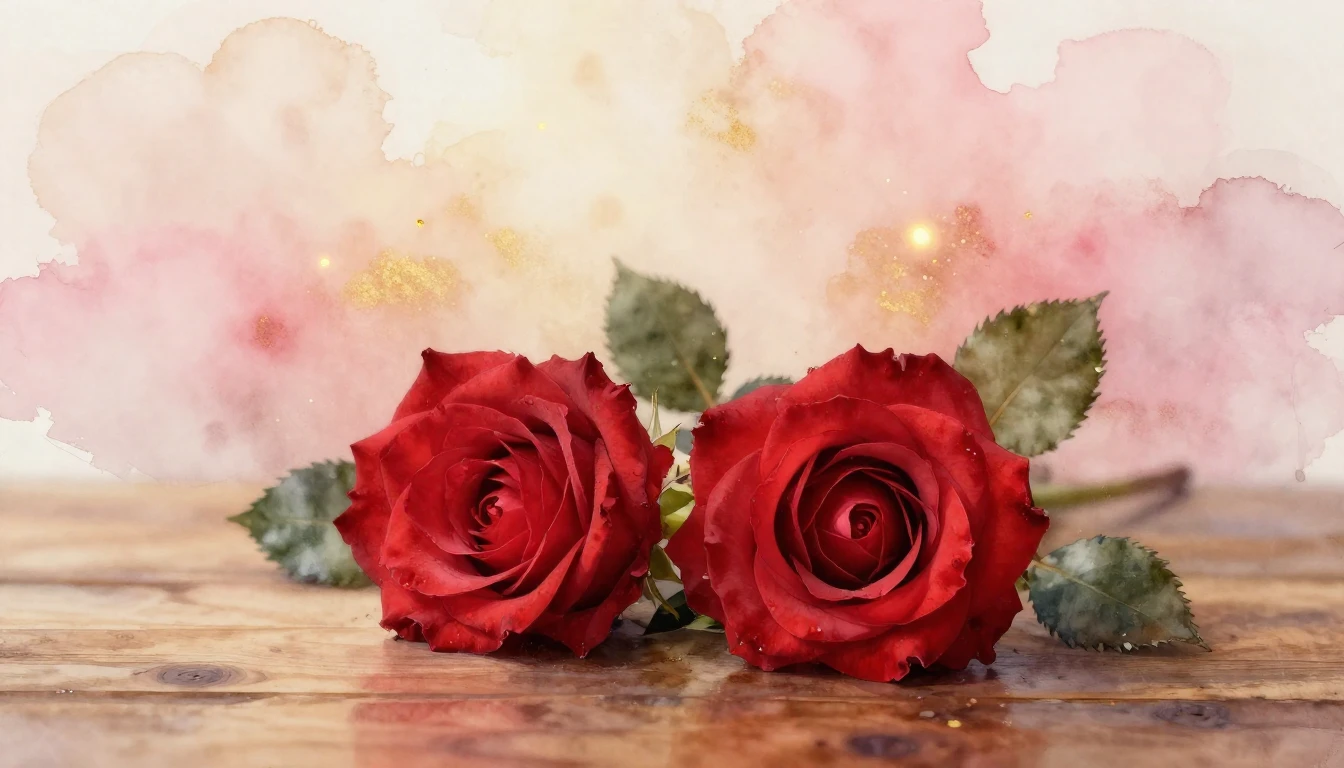 A beautiful watercolor painting of two intertwined red roses...