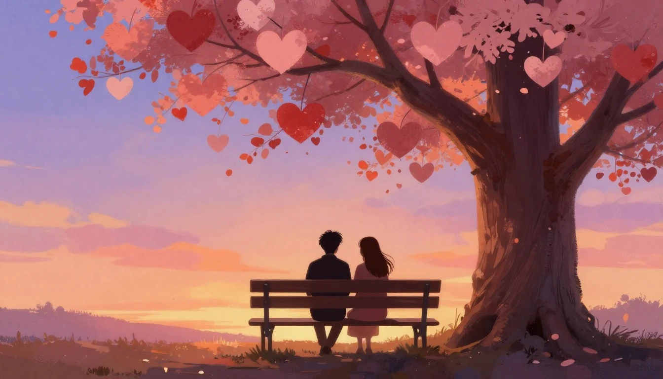 A romantic artistic illustration of two silhouettes sitting ...