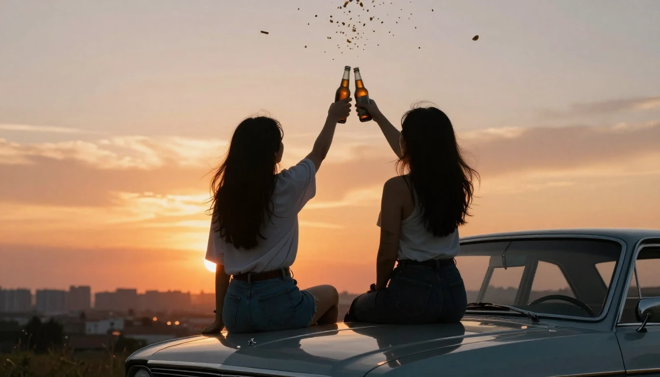 Two silhouettes of best friends sitting on the hood of a vin...