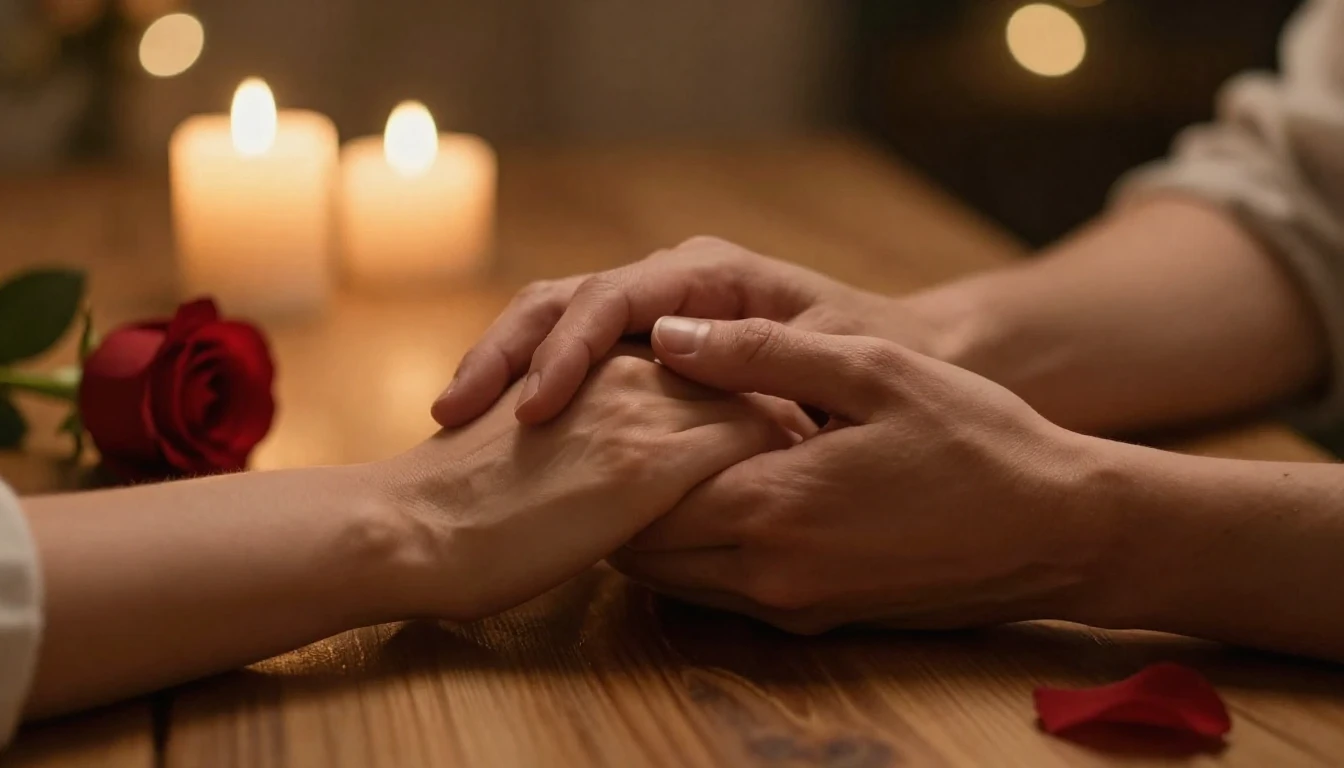 A cinematic close-up shot of two hands holding each other ge...