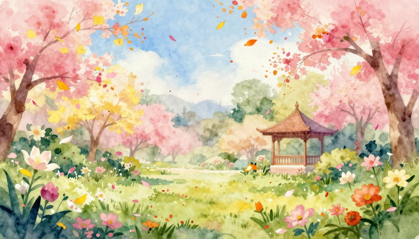 A vibrant watercolor painting depicting a lush spring garden...