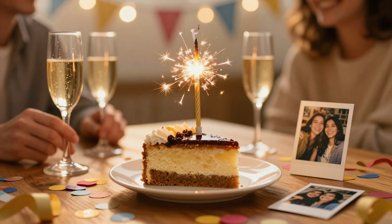 A warm and festive close-up shot of a wooden table at a birt...