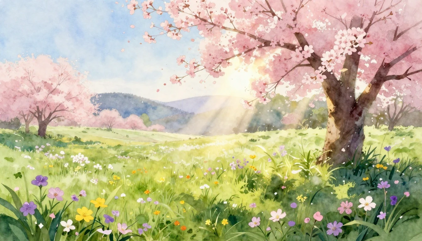 A beautiful watercolor painting of a vibrant spring meadow a...