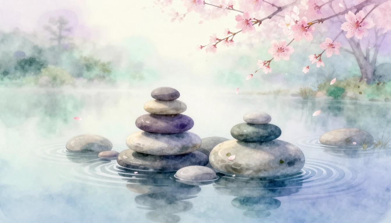 A serene watercolor painting of a Zen garden at dawn. Soft p...