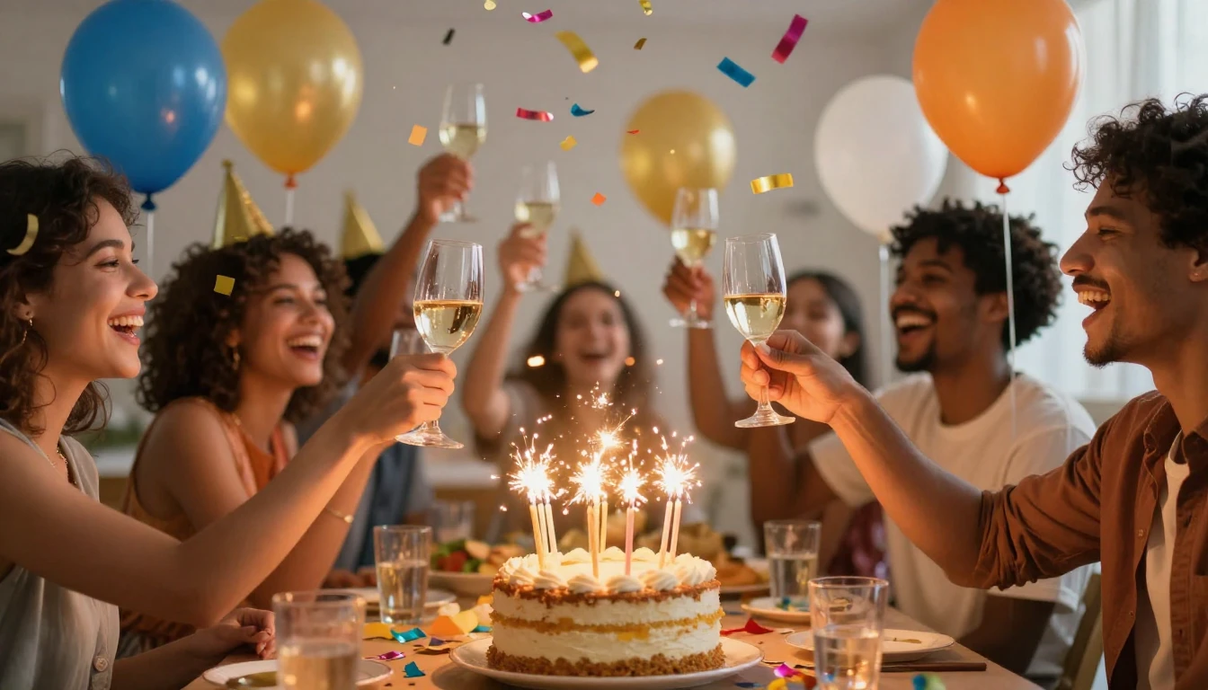 A vibrant and joyful birthday celebration scene, featuring a...