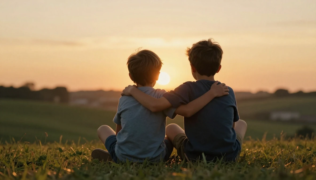 Two young boys sitting on a grassy hill, looking at a beauti...