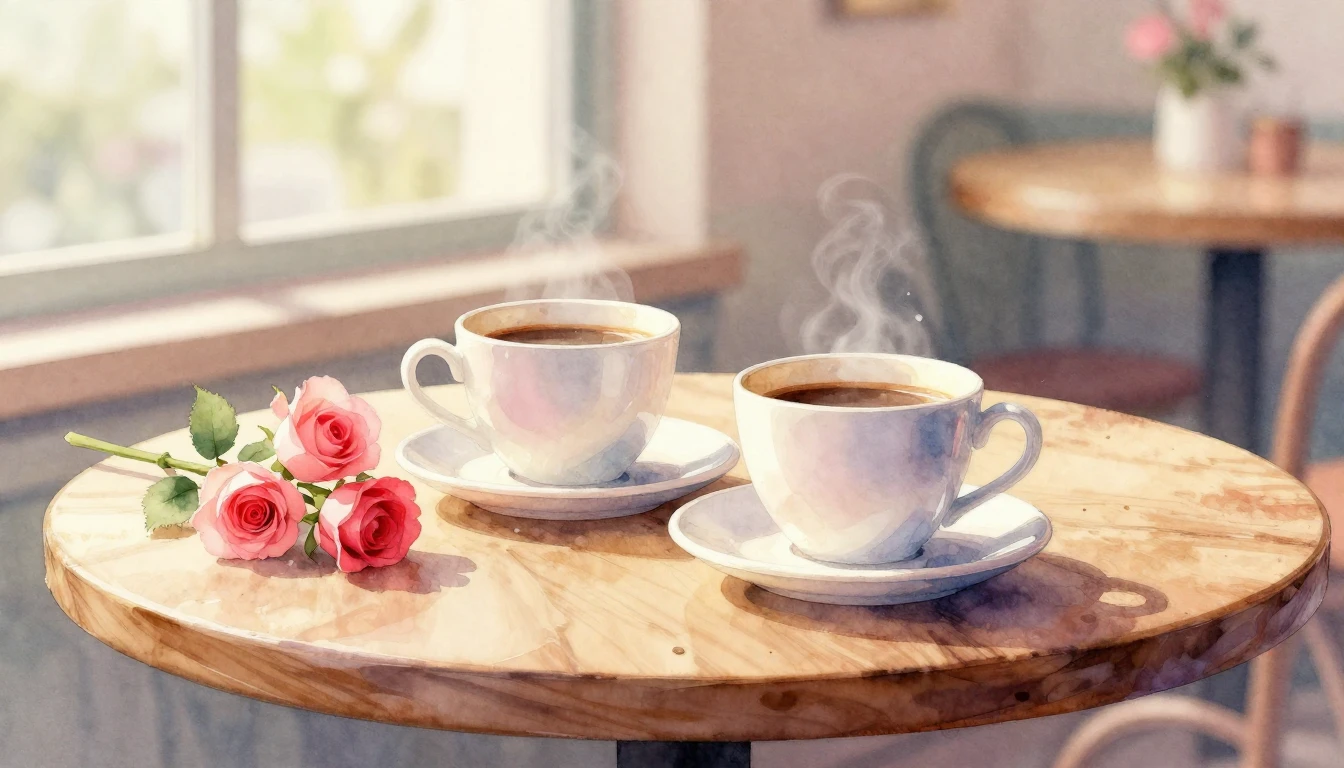 A beautiful watercolor painting of two coffee cups sitting o...