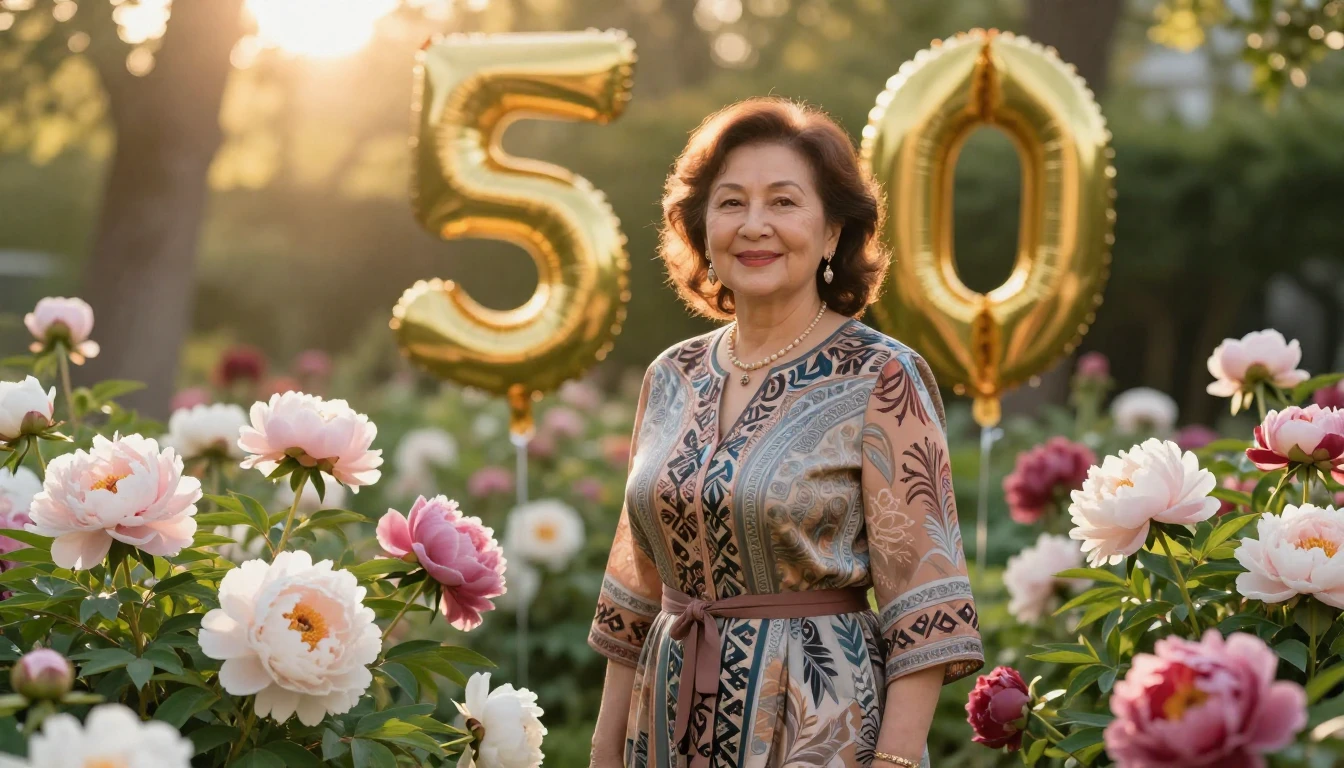 An elegant middle-aged woman celebrating her 50th birthday, ...