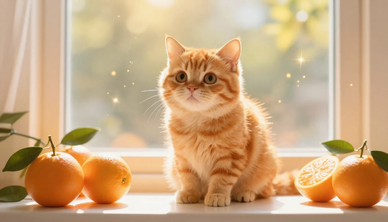A cute, fluffy orange cat sitting on a windowsill bathed in ...