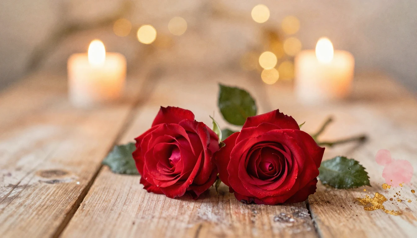 A soft watercolor painting of two delicate red roses intertw...