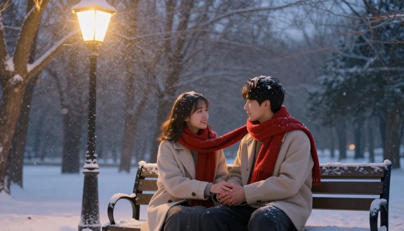 A romantic artistic scene of a couple sitting on a bench in ...