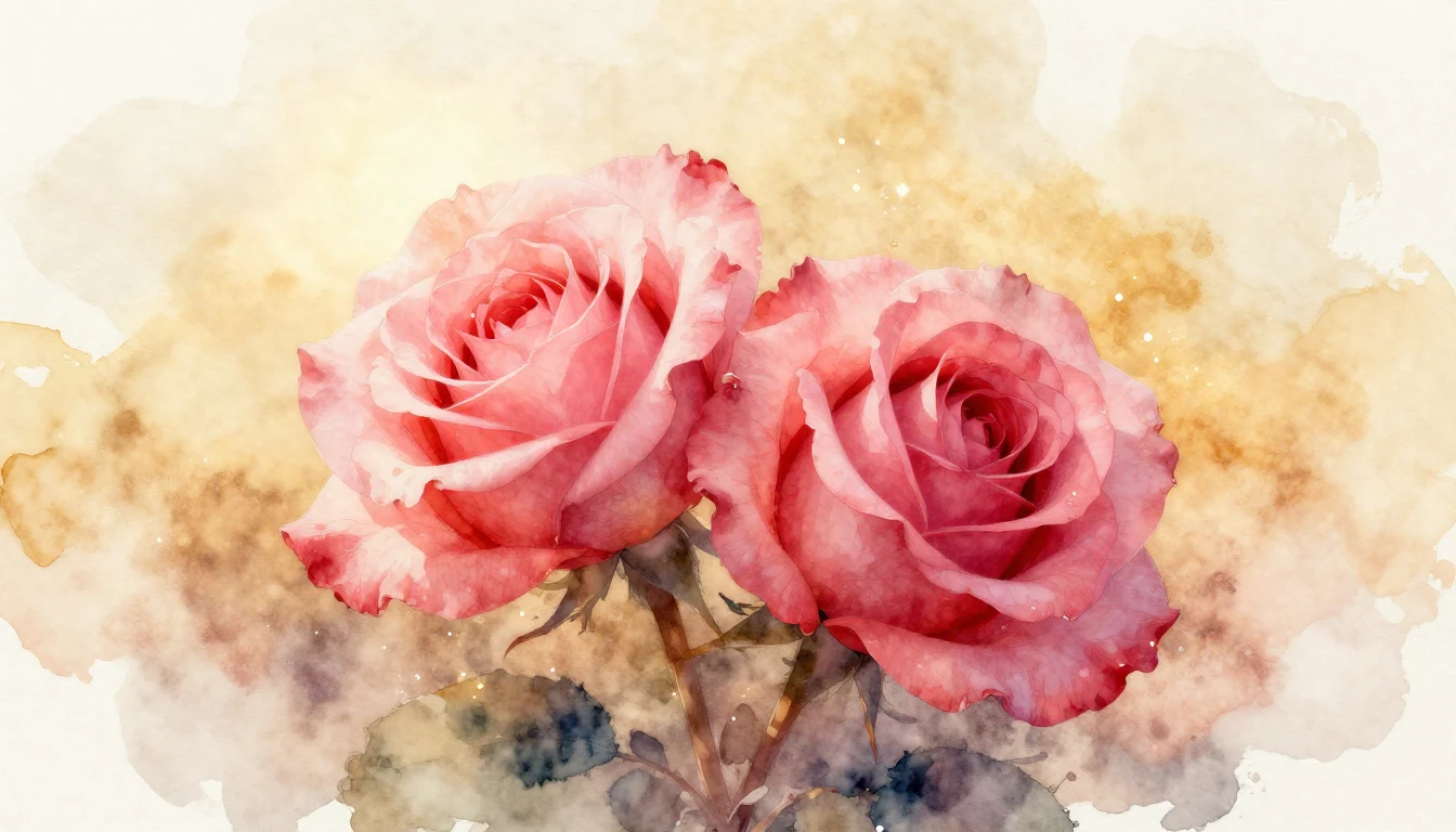 A delicate watercolor painting of two intertwined roses in s...