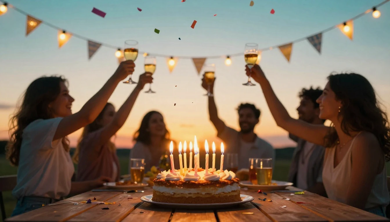 A vibrant and joyful scene of a birthday celebration outdoor...