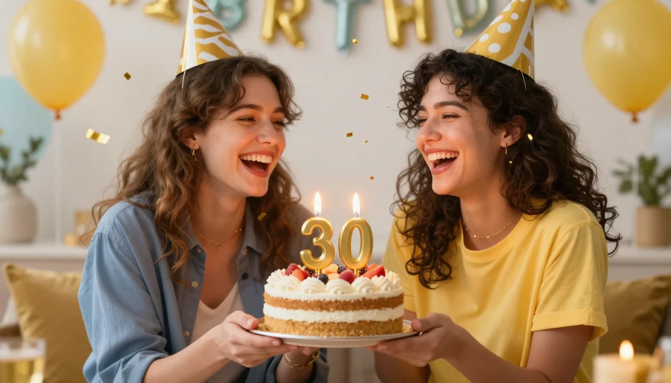 A joyful birthday celebration scene for a 30th birthday. Two...