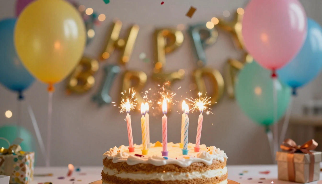 A festive and colorful birthday party scene, blurred backgro...