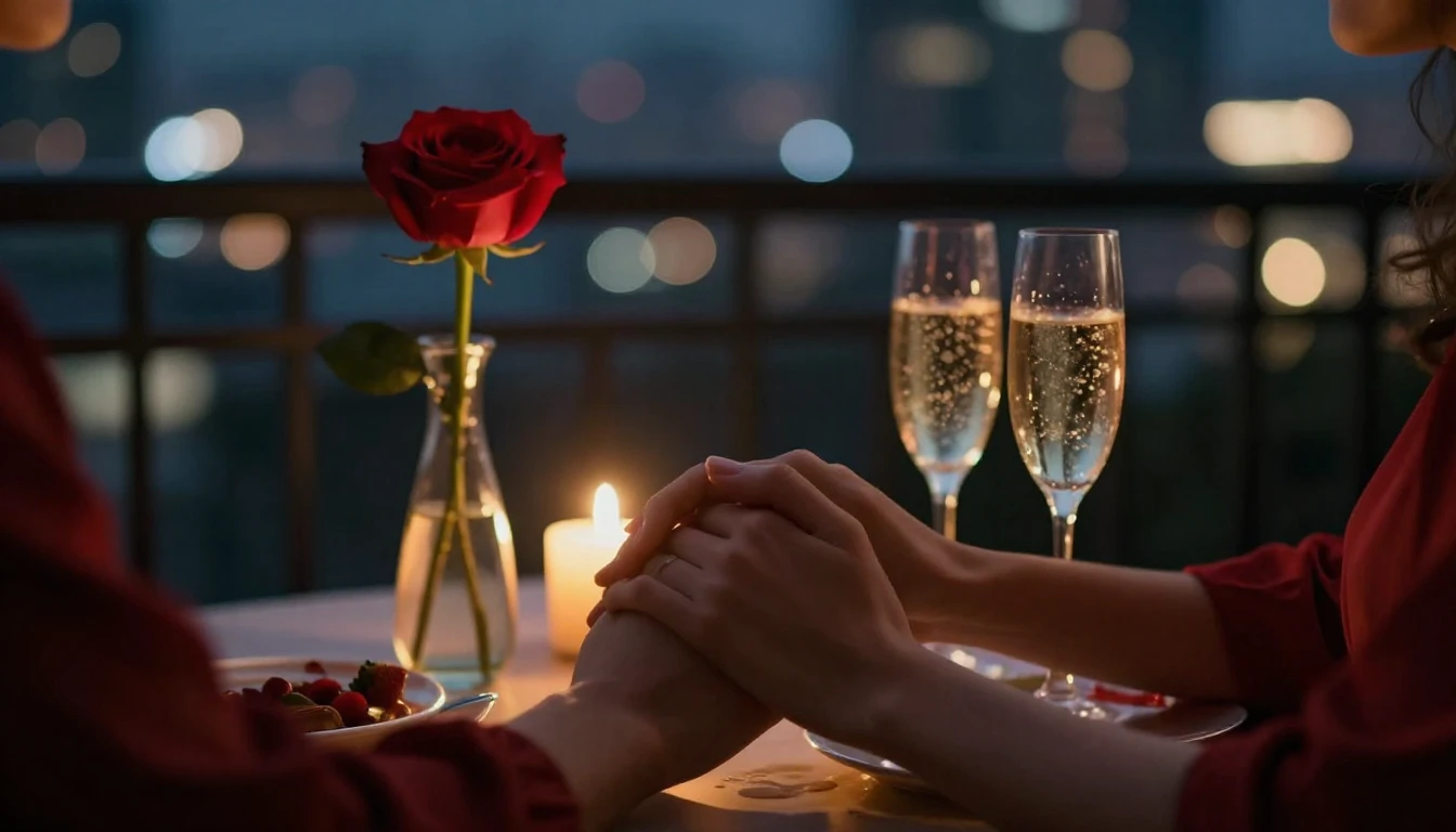 A romantic close-up scene of two hands holding each other ge...