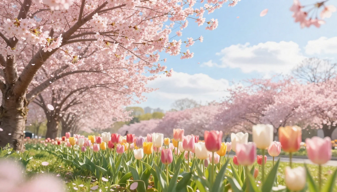 A vibrant and lush spring garden in full bloom. Delicate che...