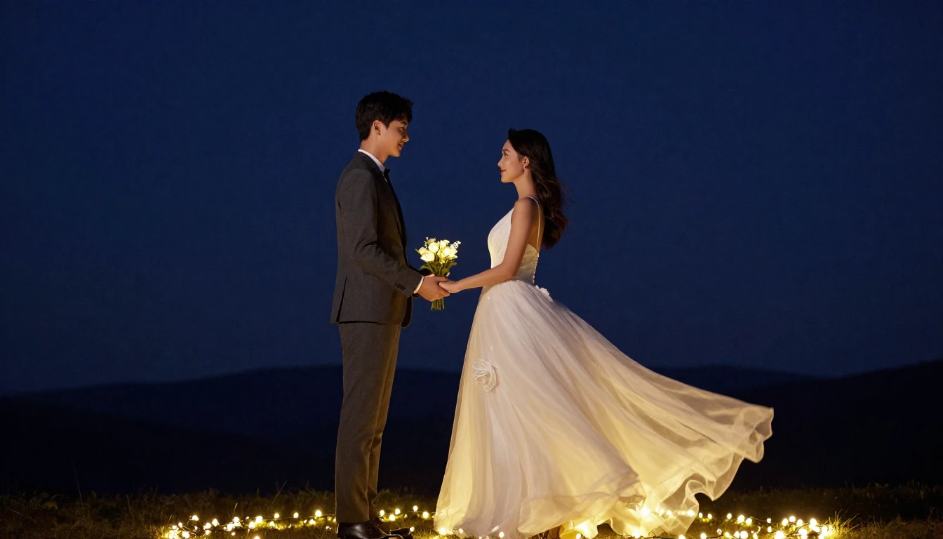 A highly romantic and elegant scene of a newlywed couple hol...