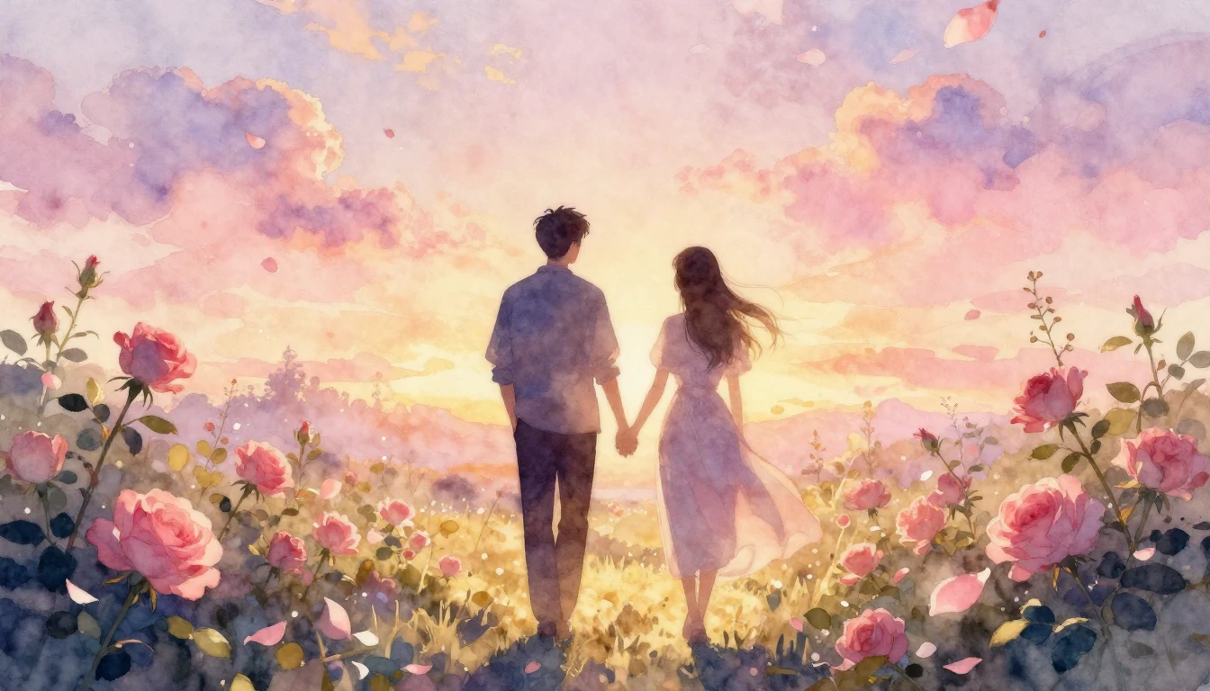 A beautiful watercolor painting of two silhouettes walking h...