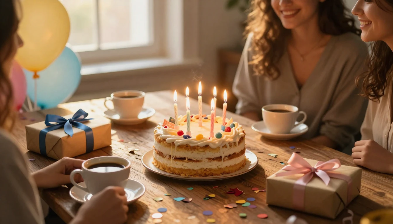 A heartwarming scene of a beautifully decorated birthday cak...