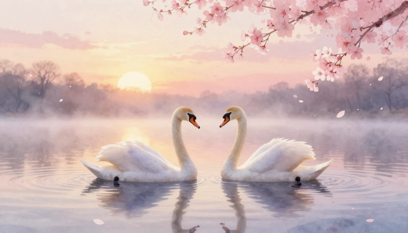 A dreamy watercolor painting of two elegant swans gliding on...