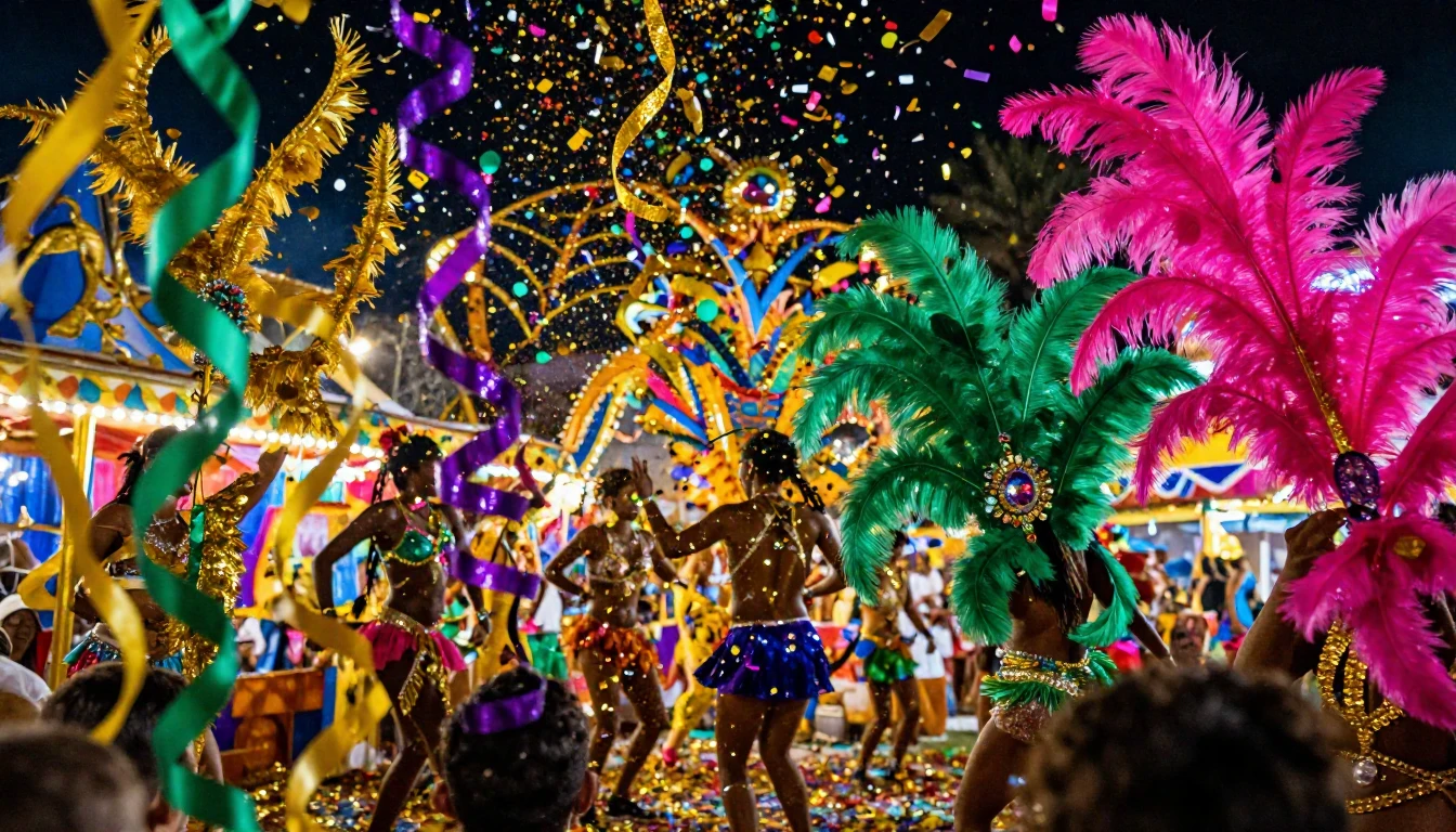 A vibrant and explosive scene of a carnival celebration. The...