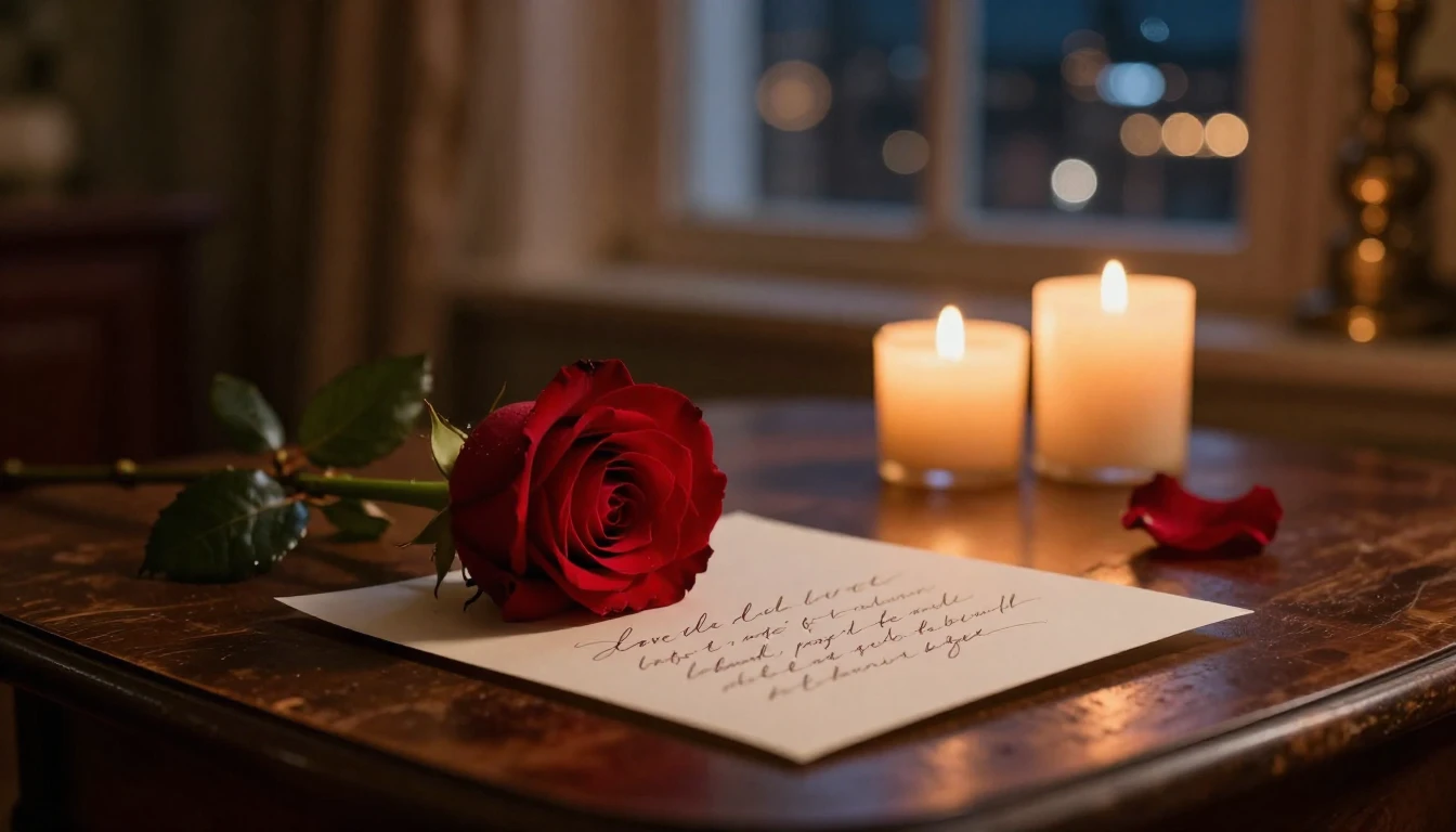 A cinematic close-up shot of a romantic evening setting insi...