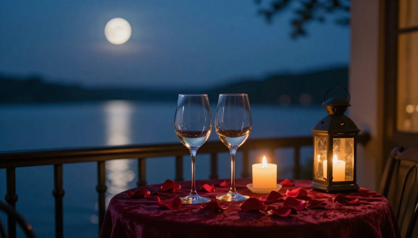 A breathtaking cinematic scene of a quiet, candlelit balcony...