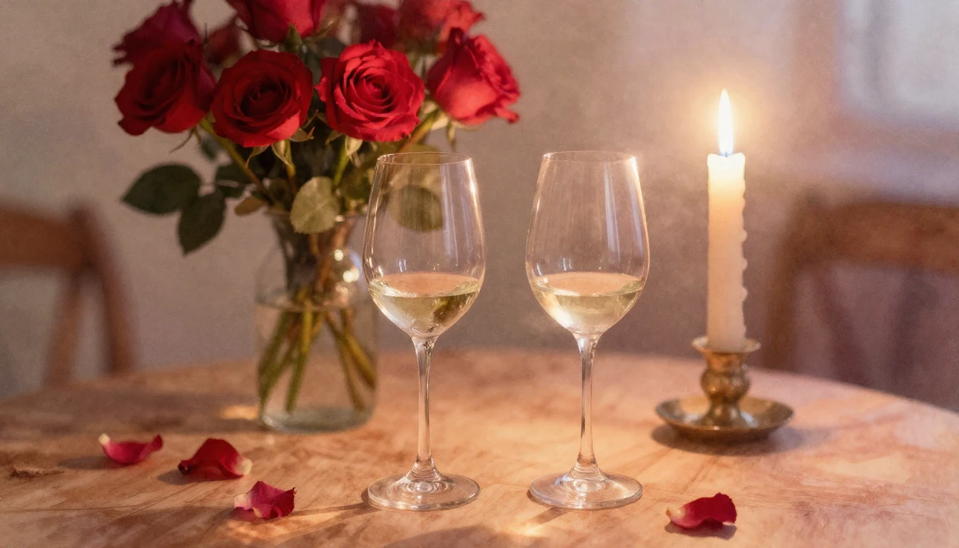 A soft watercolor painting of two elegant wine glasses on a ...