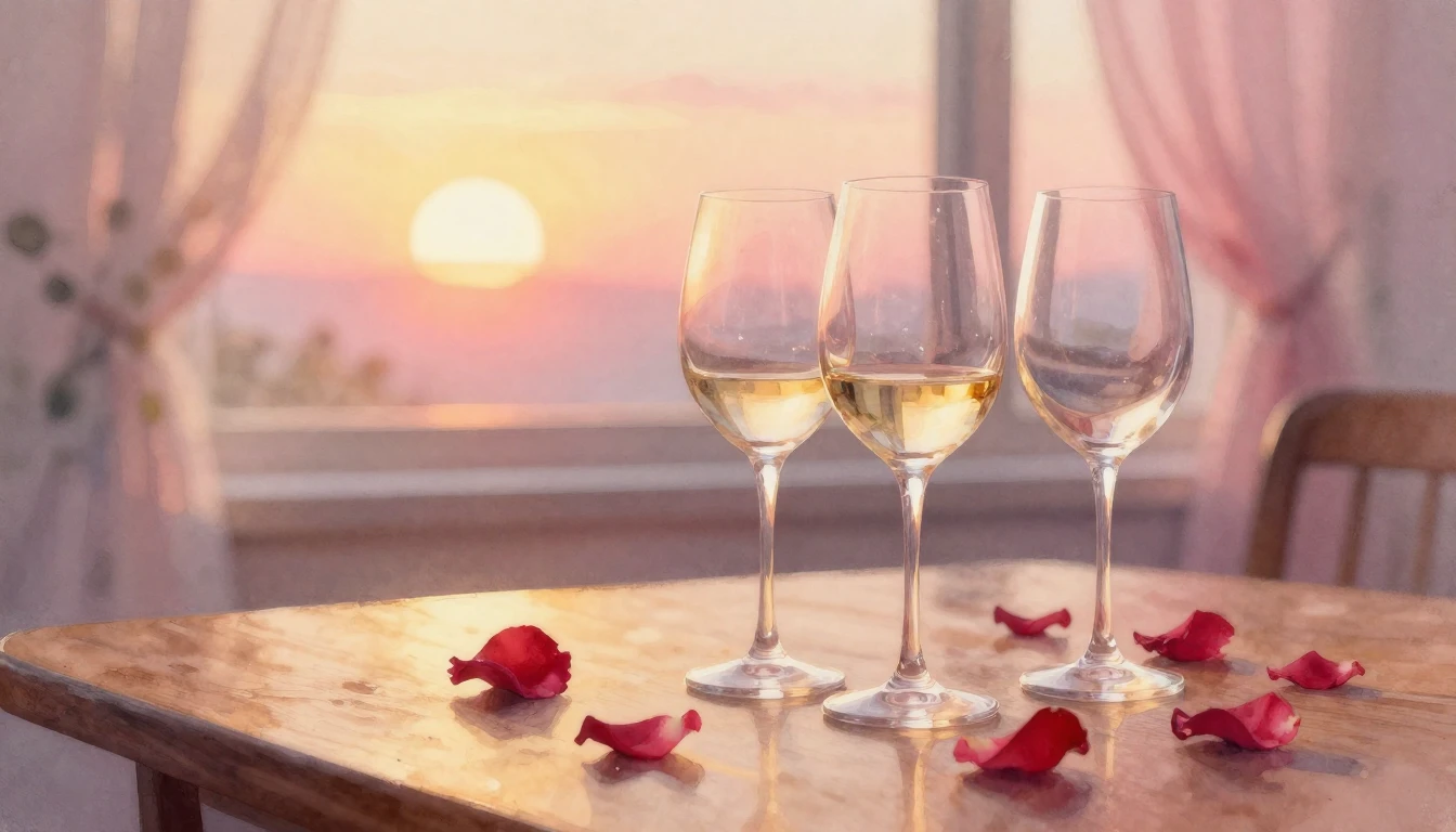 A dreamy watercolor painting of two elegant wine glasses sta...