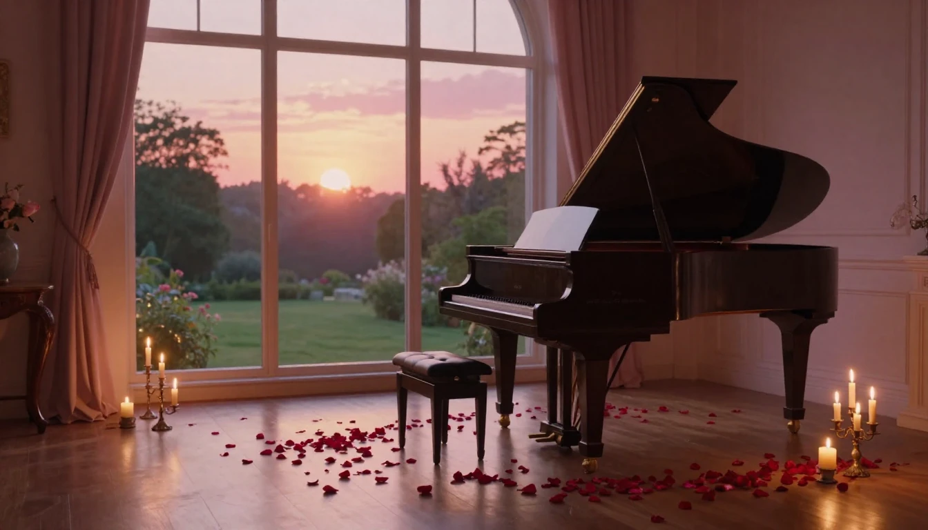 A breathtaking scene of a quiet, elegant room at dusk. A gra...