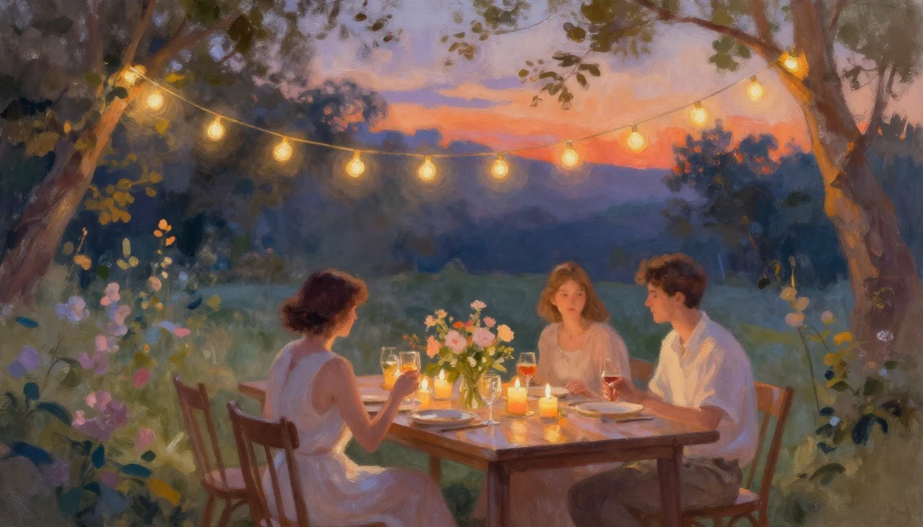 An impressionistic painting of a cozy garden party at dusk. ...