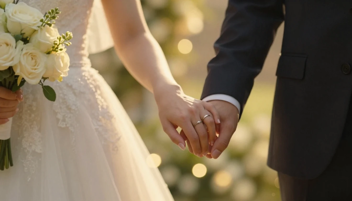 A cinematic close-up shot of a bride and groom holding hands...