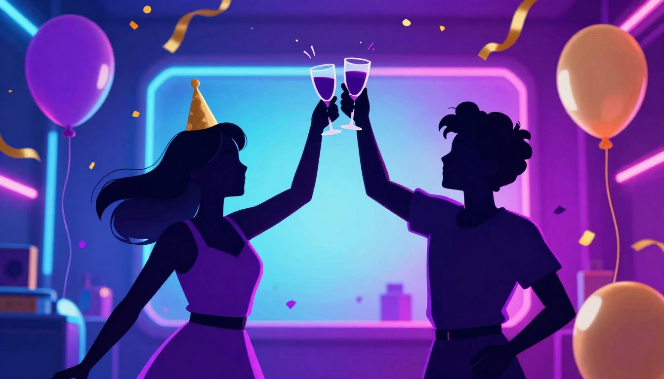 A vibrant and energetic digital art piece depicting a joyous...