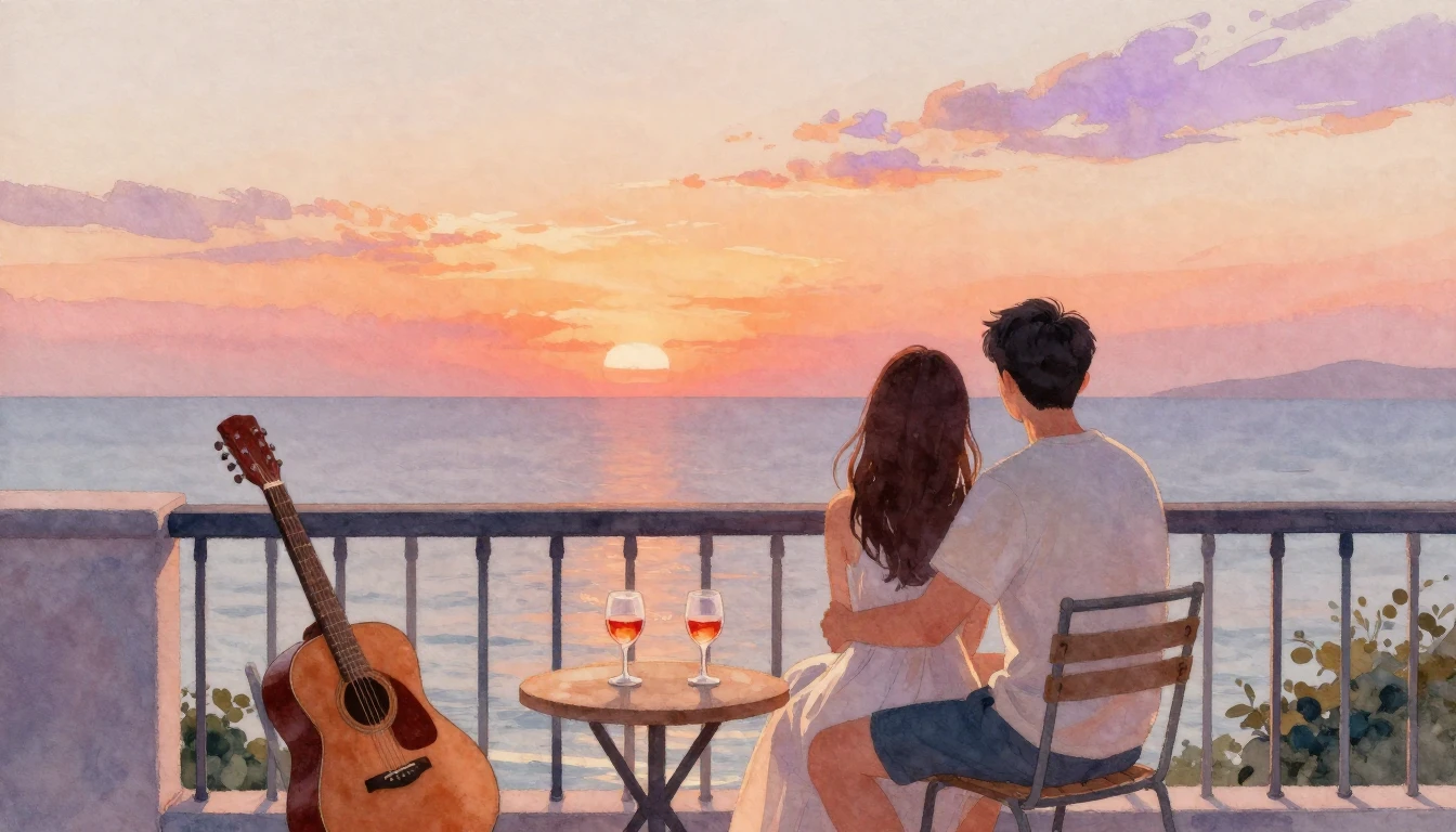 A romantic and soft watercolor painting depicting a couple s...