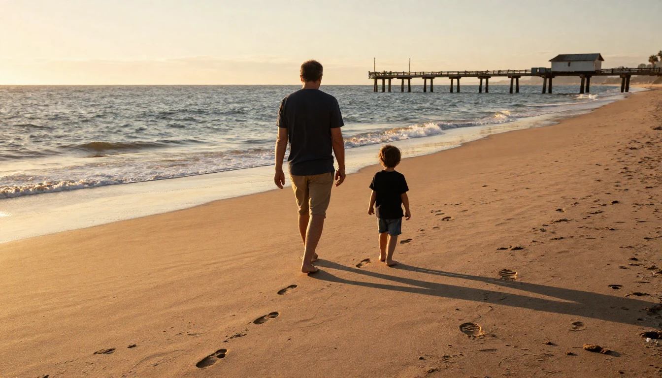 An evocative scene of two sets of footprints on a sun-drench...