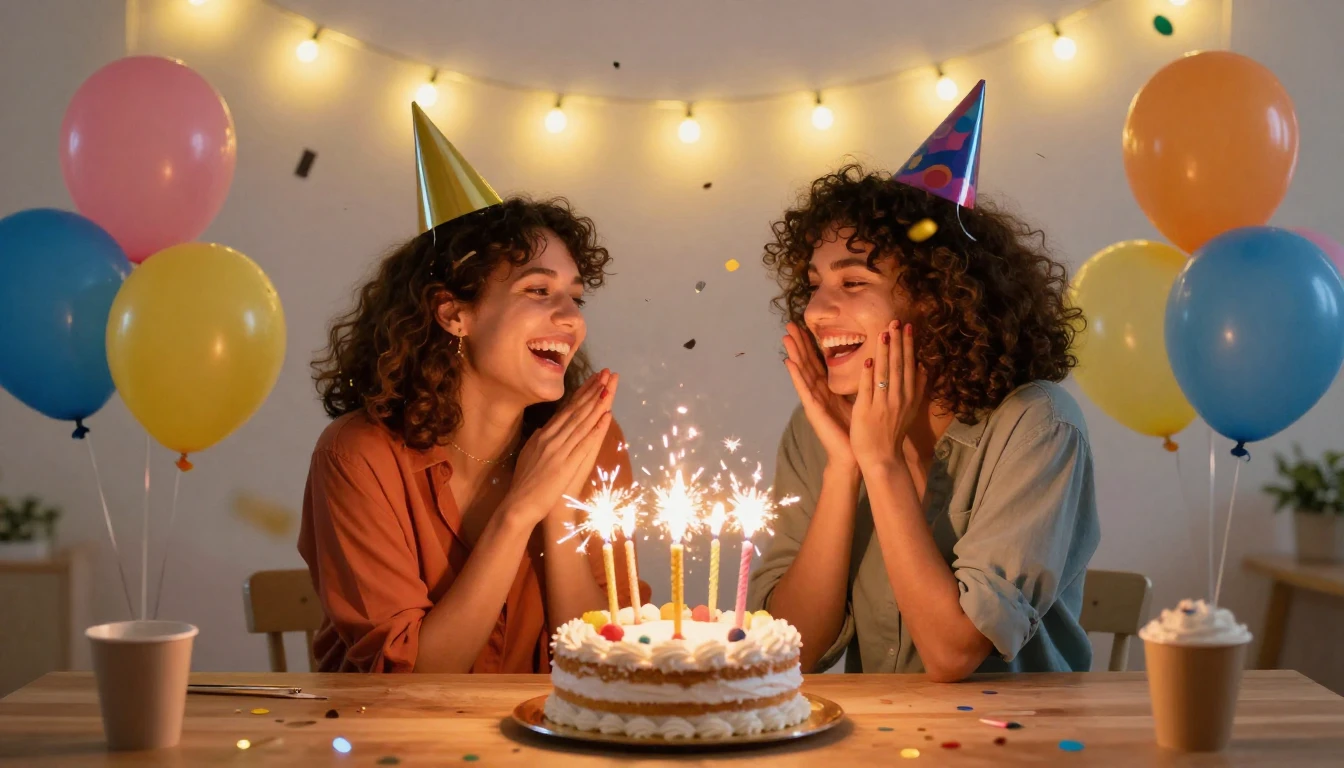 A joyful and vibrant birthday celebration scene. Two close f...
