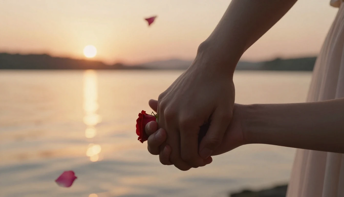 A romantic and emotional close-up scene of a couple holding ...