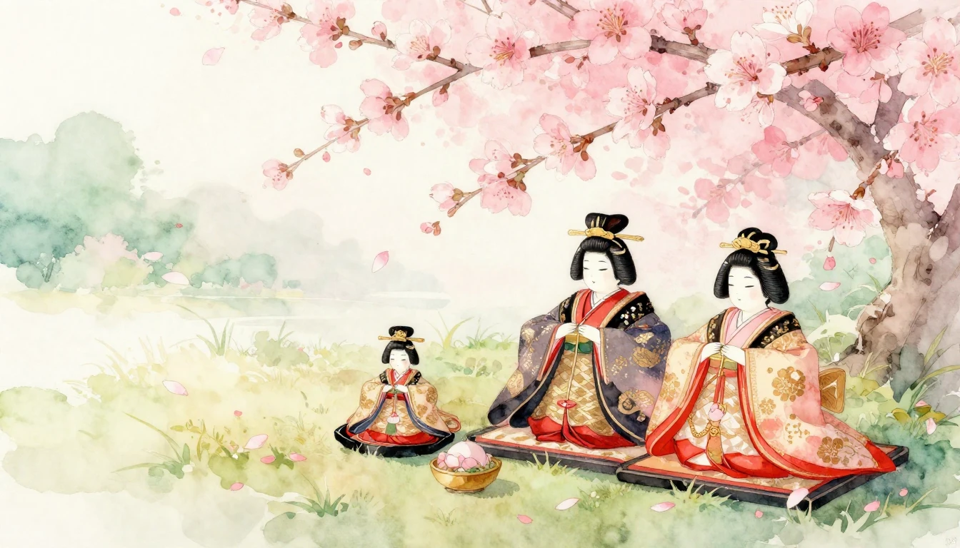 A delicate watercolor painting of traditional Japanese Hina ...