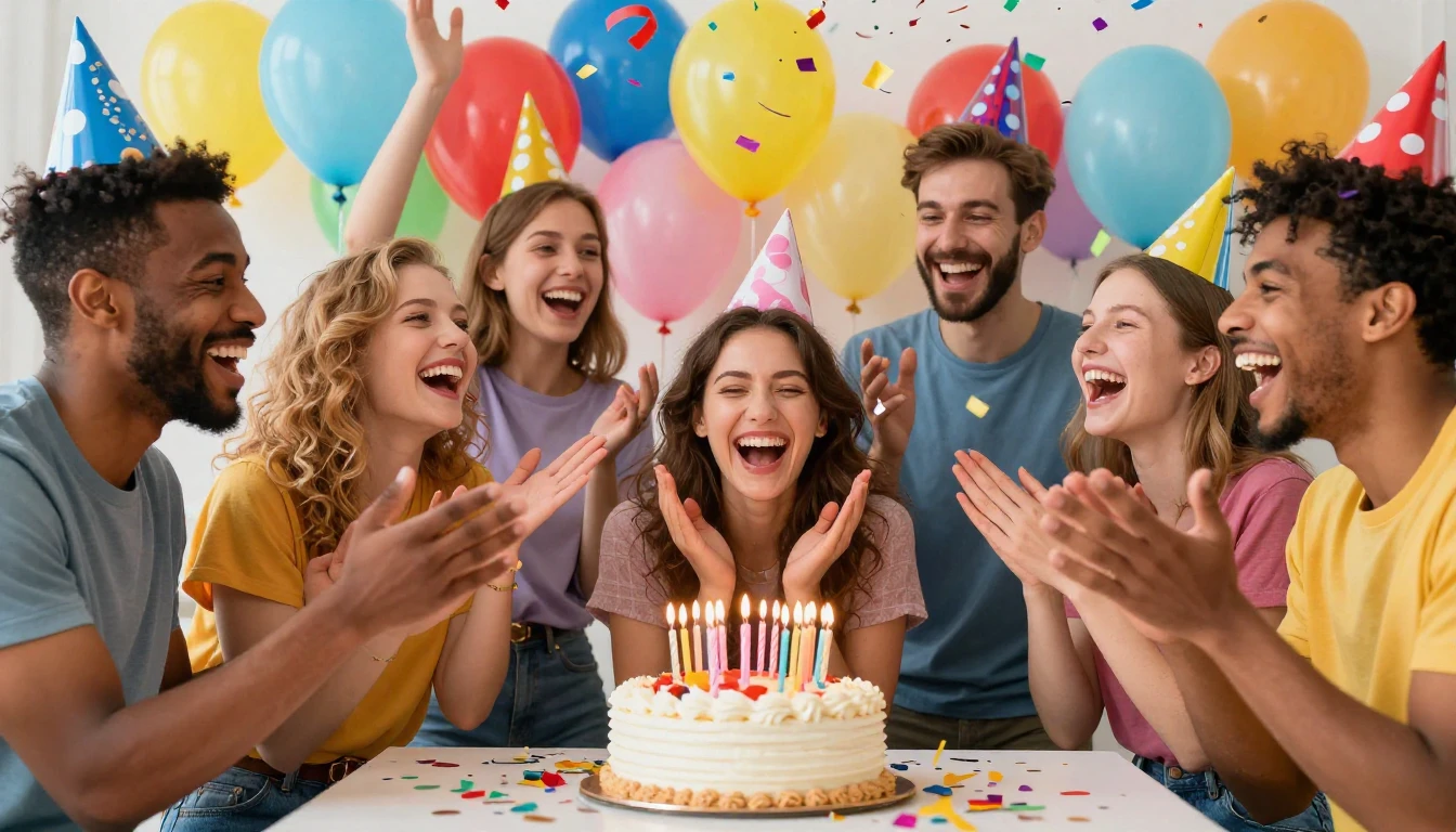 A vibrant and colorful birthday party scene, a group of dive...