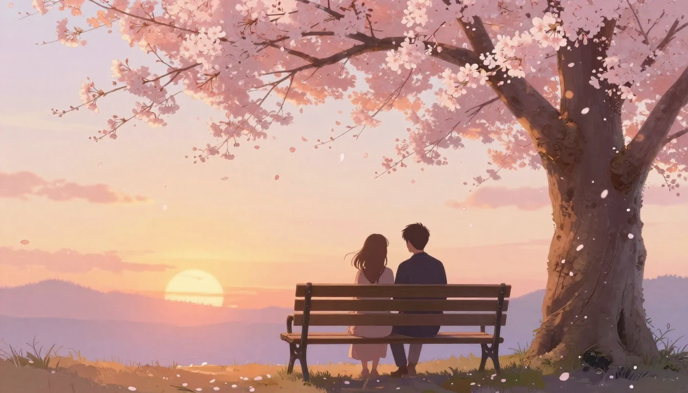 A romantic and dreamy scene depicting two silhouettes sittin...