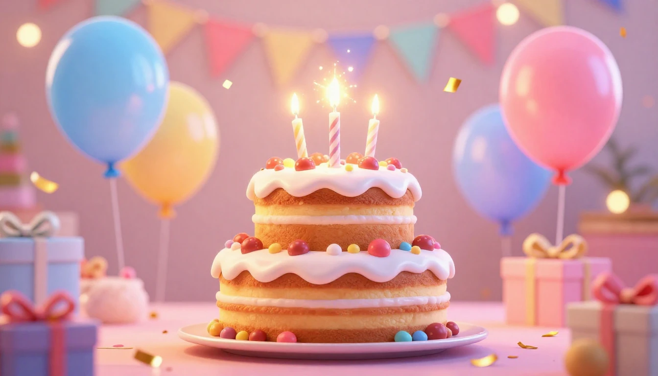 A vibrant and festive birthday celebration scene in a cute 3...
