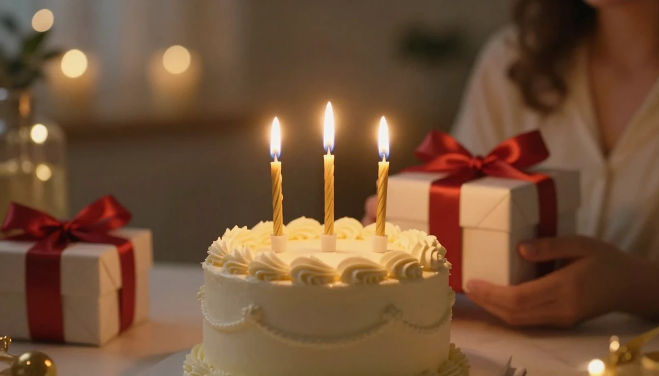 A cinematic close-up shot of a small, elegant birthday cake ...
