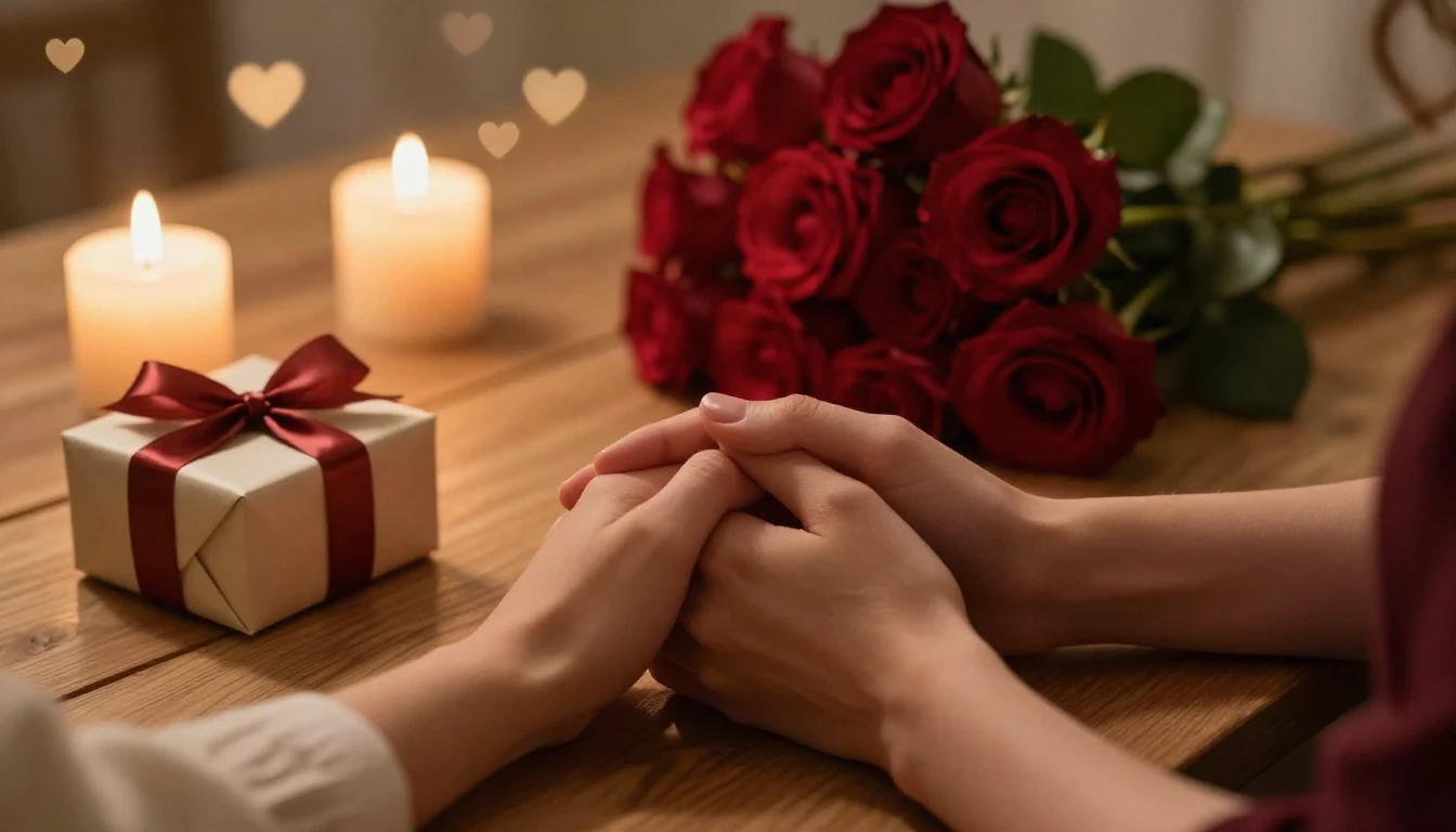 A romantic and intimate scene featuring a cozy wooden table ...