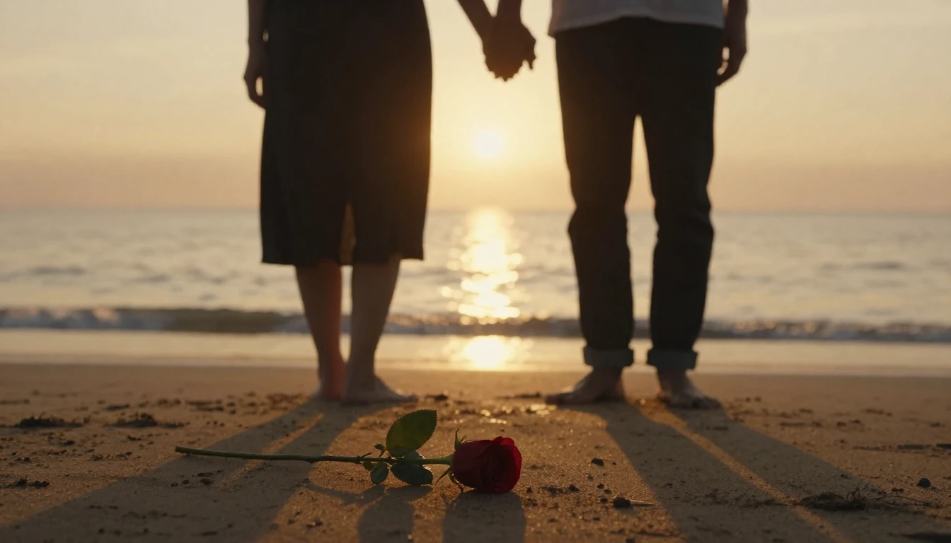 A highly cinematic and romantic scene at sunset, silhouettes...