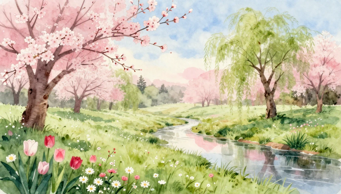 A beautiful watercolor painting of a lush meadow at dawn dur...