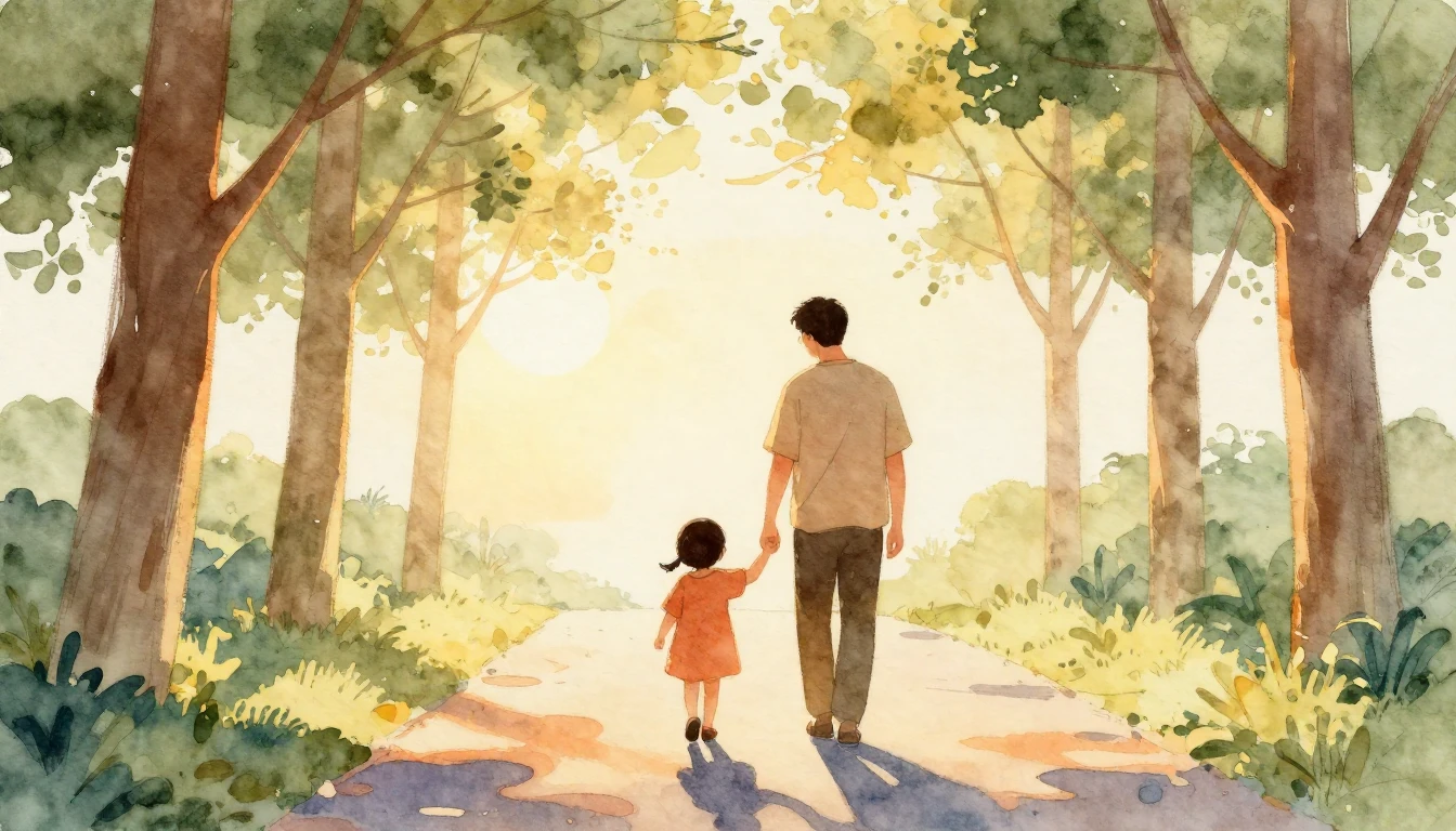 A heartwarming watercolor illustration depicting a silhouett...