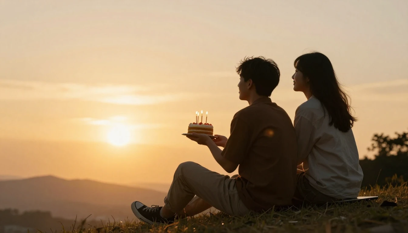Two friends sitting on a hill watching a warm golden sunset,...